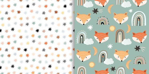 Gardinen Tiermuster Childish seamless patterns set with animals, rainbows and dots, pastel colors  © lilett