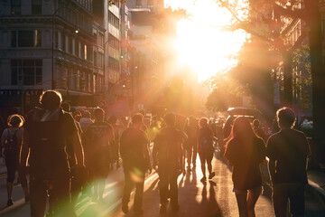 New York City 2020 - Crowd of people walk into the light of sunset at a peaceful Black Lives Matter protest march on 14th Street in Manhattan