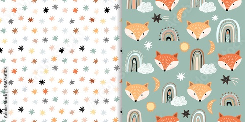 Childish seamless patterns set with animals, rainbows and dots, pastel colors