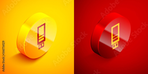 Isometric USB flash drive icon isolated on orange and red background. Circle button. Vector.