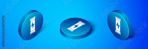 Isometric Sports nutrition bodybuilding proteine power drink and food icon isolated on blue background. Blue circle button. Vector.