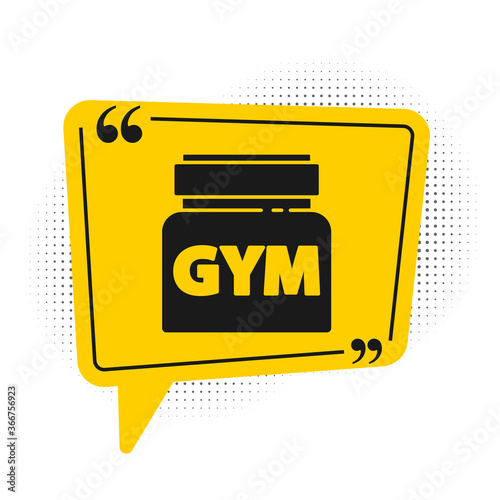 Black Sports nutrition bodybuilding proteine power drink and food icon isolated on white background. Yellow speech bubble symbol. Vector.