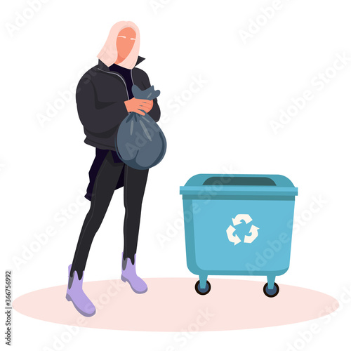 Zero waste concept. girl throw garbage into containers. recycling pollution ecology protection. Cartoon Flat Vector Illustration. girl in fashionable clothes throwing out trash.Protect Ecology. Vector