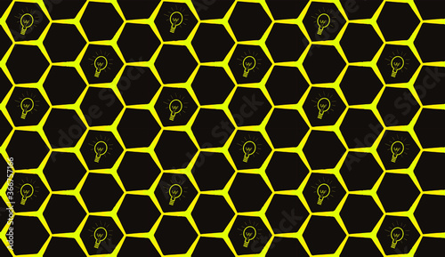 light bulb in polygonal seamless pattern, modern representation of the electrical network or a network of ideas, brown and yellow background, vector illustration