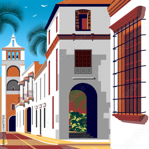 Colonial spanish style street with historic buildings and a church with a bell tower in the background. Handmade drawing vector illustration. Retro style poster.