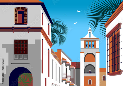 Colonial spanish style street with historic buildings and a church with a bell tower in the background. Handmade drawing vector illustration. Retro style poster.