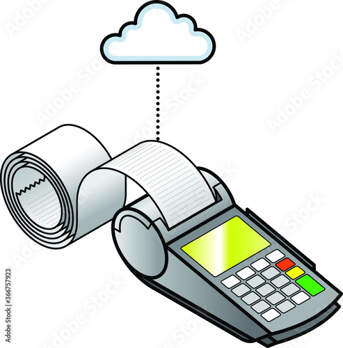 Concept: Internet of Things. A connected POS point of sale payment terminal. With a long roll of receipt slip.