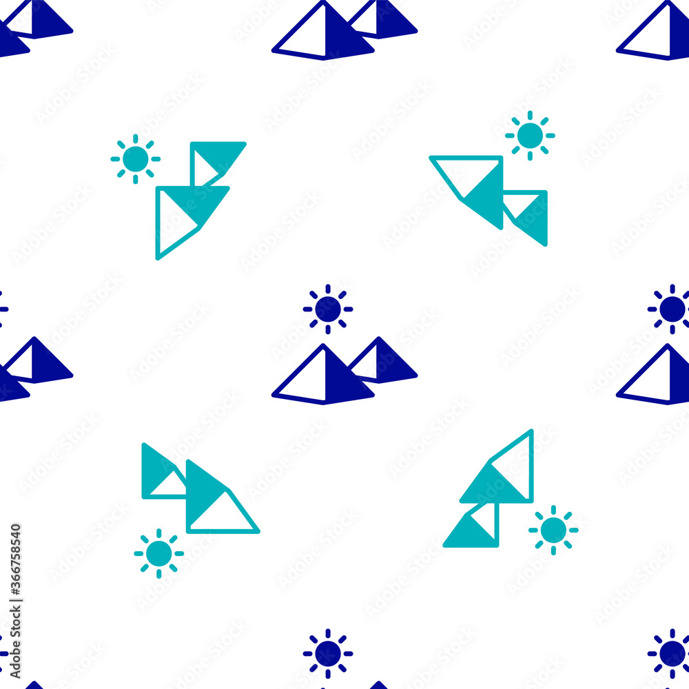 Blue Egypt pyramids icon isolated seamless pattern on white background. Symbol of ancient Egypt. Vector. Blue Egypt pyramids icon isolated seamless pattern on white background. Symbol of ancient Egypt. Vector.