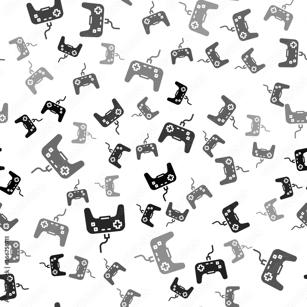 Black Gamepad icon isolated seamless pattern on white background. Game controller. Vector.