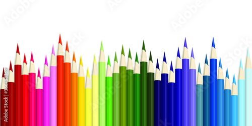 Colored pencils, lots of colors, the view from above. Pencils are located not exactly in a row, but on a wavy line. The concept of creativity and education. Vector illustration