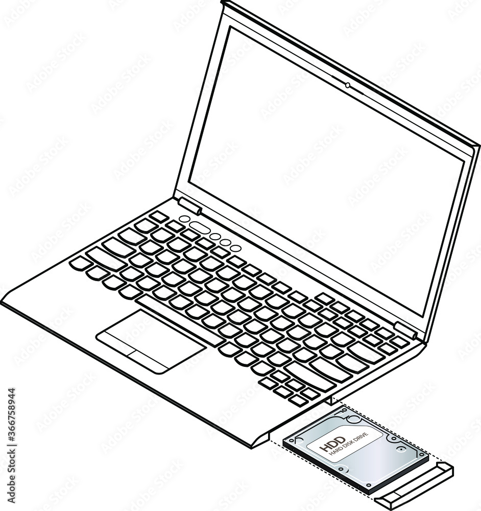 Diagram showing installation / removal of a hard disk drive (HDD) on a laptop computer.