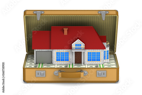 House and cash into bag on white background. Isolated 3D illustration