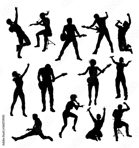High quality silhouettes of musicians in a rock or pop band with singers, drummers, and guitarists