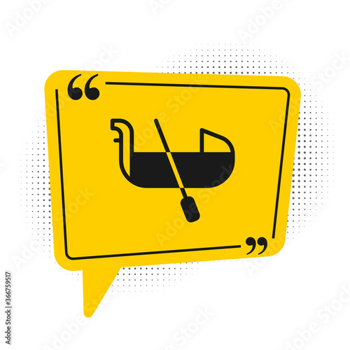 Black Gondola boat italy venice icon isolated on white background. Tourism rowing transport romantic. Yellow speech bubble symbol. Vector.