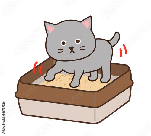  Illustration of a gray cat hiding excrement with toilet sand.