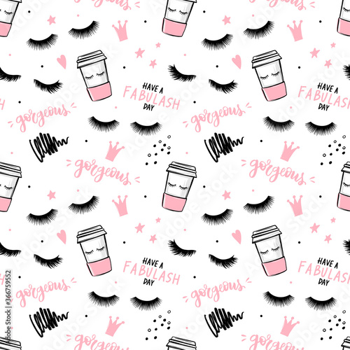 Vector seamless pattern with lashes and mascara, brush stroke, coffee cup. Closed eyes background.