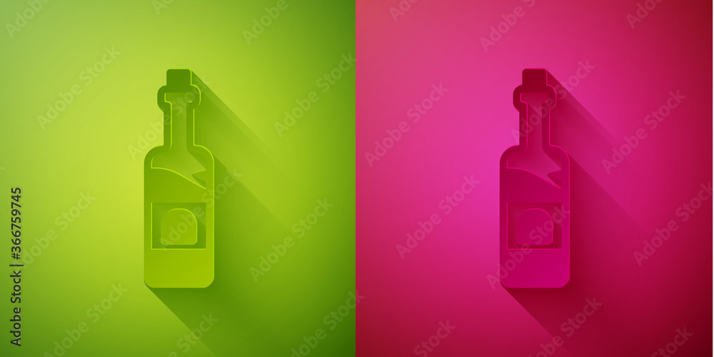 Paper cut Bottle of wine icon isolated on green and pink background. Paper art style. Vector. Paper cut Bottle of wine icon isolated on green and pink background. Paper art style. Vector.
