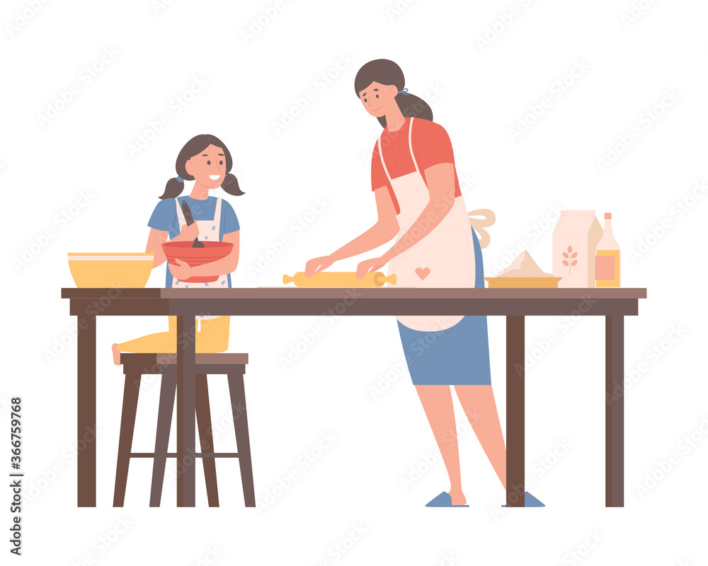 Family time vector flat illustration. Happy smiling mother and daughter in domestic clothes and kitchen apron cooking dinner together at the kitchen. Spending weekend at home.