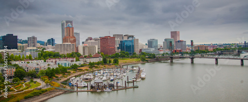 Portland, Oregon, USA - 8/8/2010:  View of downtown Portland and the boat moorage basin