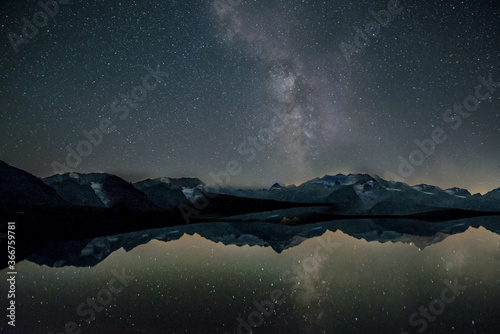 Night starry sky over mountains and lake.Texture or background