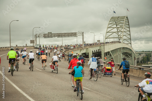 Portland, Oregon, USA - 8/8/2010: The annual BRIDGE PEDAL bicycle ride event in Portland, riding over the Fremont bridge.