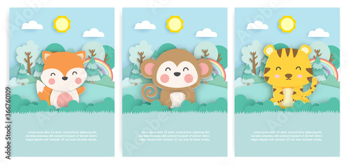 Set of birthday cards with cute fox , monkey and tiger in the forest in paper cut style.