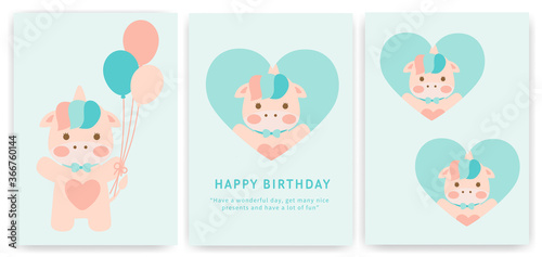Set of baby shower cards with cute unicorn .