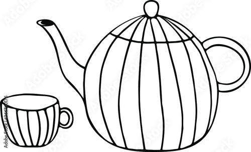 Tea pot with tea cup with lines in vintage style. Hand drawn outline element. Vector isolated on white background.
