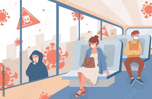 People travel on public city transport after Coronavirus outbreak vector flat illustration. Men and women in medical face masks keep safe social distance. New rules to protect from Covid-19.