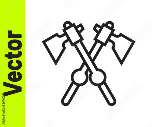 Black line Crossed medieval axes icon isolated on white background. Battle axe, executioner axe. Medieval weapon. Vector.