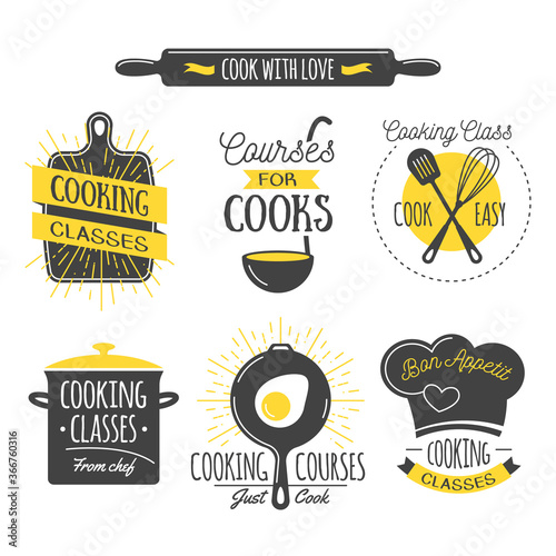 Cooking class Vintage design elements, Kitchen emblems, symbols, icons, food studio labels, badges collection. Business signs template, logo, identity, culinary school labels, badges and objects.