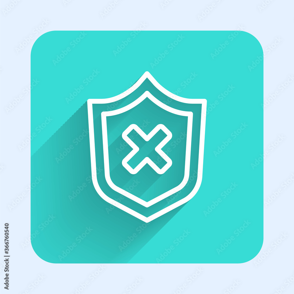 White line Shield with cross mark icon isolated with long shadow. Shield and rejected. Notice of refusal. Green square button. Vector. White line Shield with cross mark icon isolated with long shadow. Shield and rejected. Notice of refusal. Green square button. Vector.