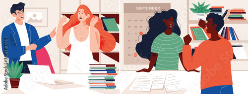Two scenes showing diverse people screaming and arguing in the office in a show of temper, colored vector illustration