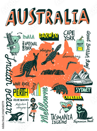 Illustrated hand-drawn typographic poster about Australia. Travel and attractions. Souvenir print