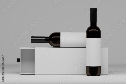 Two vine bottles with white labels and packaging gift box on white background