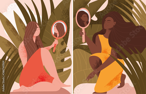 Two scenes showing woman holding mirrors in nature amongst tropical plants , one a Caucasian lady and the other Black, colored vector illustration