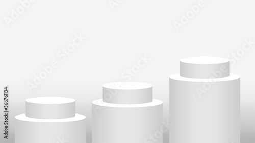 pedestal cylinder circle 3 steps for cosmetics showcase, podium circle stage white grey and silver color, platform three steps and advertising copy space, podium round five layers of product display