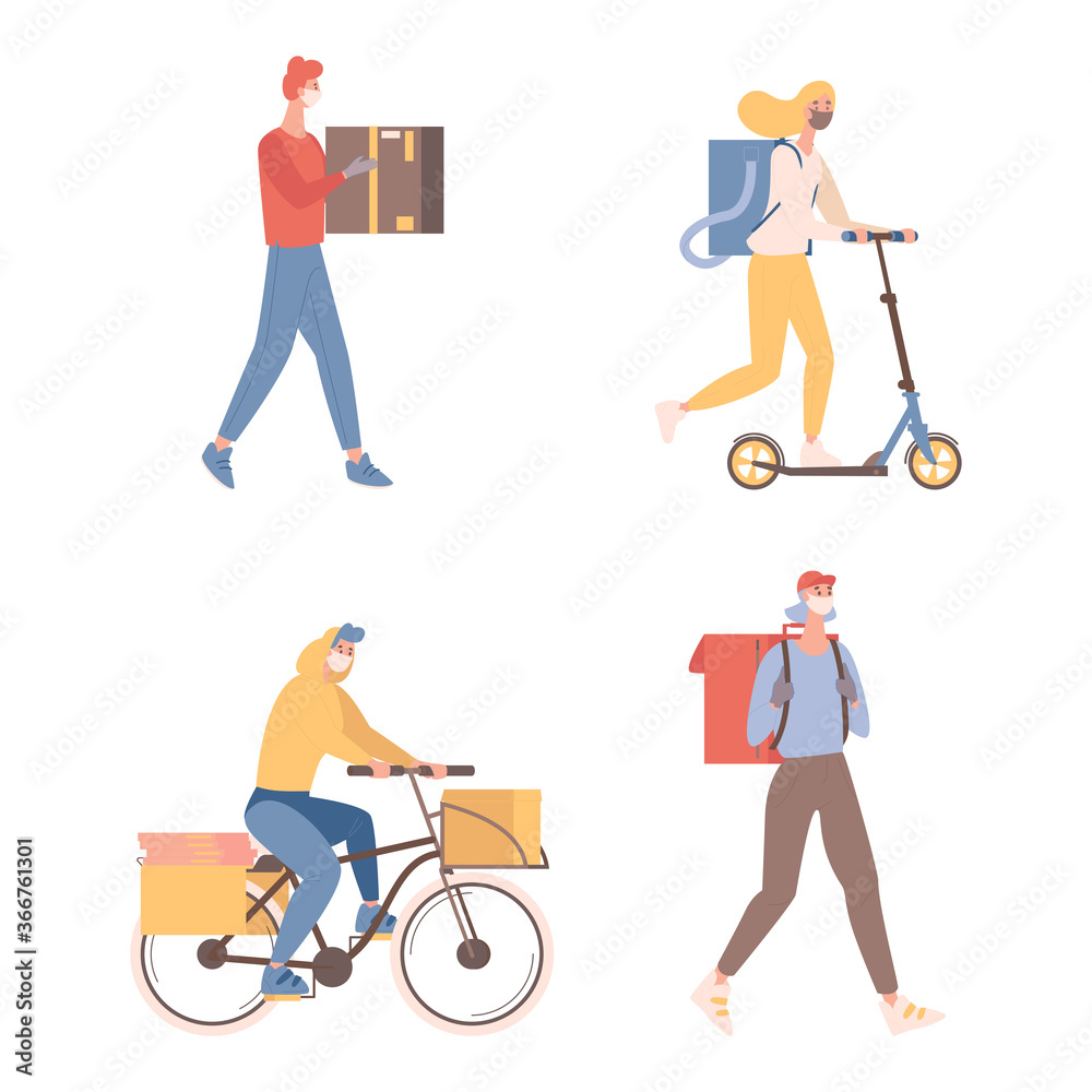 Fototapeta premium Couriers with boxes and parcels vector flat illustration. Young men and women in protective face masks shipping goods or food to costumers on bike and scooter. Fast online delivery concept.