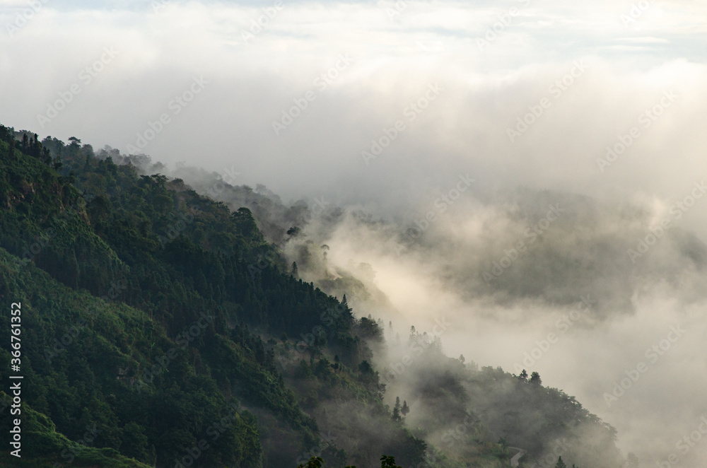 clouds break over green rainforest in Yuanyang County, Yunnan, China, foggy morning in Chinese mountains, 