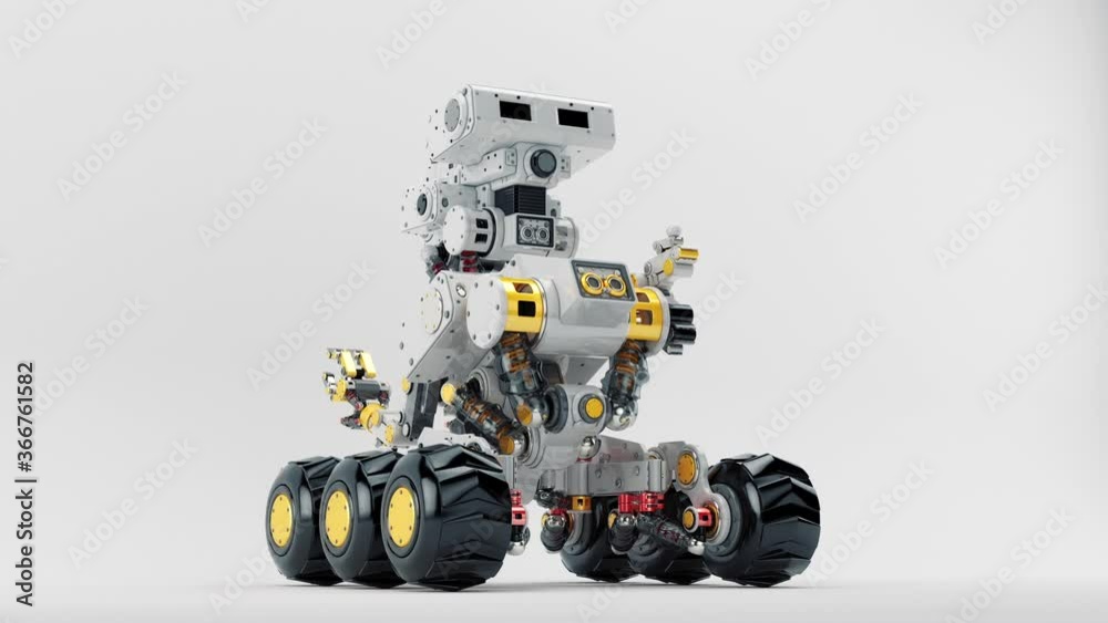 Curiosity robot. Smart automated multi-functional drone on tracks, 3d rendering of turnaround	
