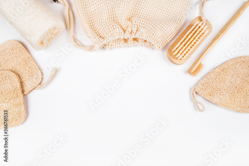 Zero waste concept flatlay with loofahs sponges