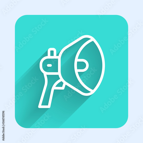 White line Megaphone icon isolated with long shadow. Speaker sign. Green square button. Vector.