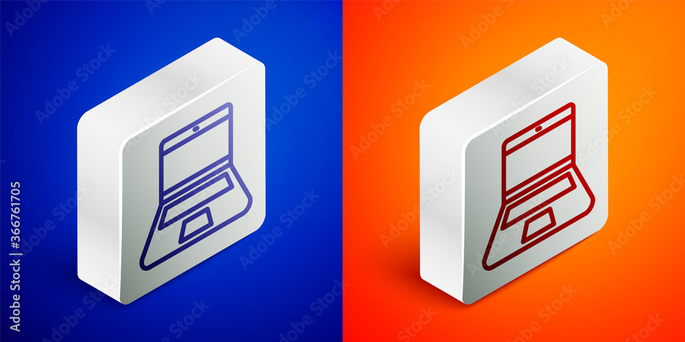 Isometric line Laptop icon isolated on blue and orange background. Computer notebook with empty screen sign. Silver square button. Vector.