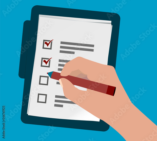 above view of person ticking off check list or questionnaire with pen vector illustration
