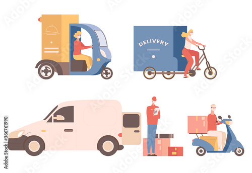 Express non contact delivery vector flat illustration. People in medical face masks deliver goods or food, ride bike, scooter or truck. Fast shipping, online order delivery concept.