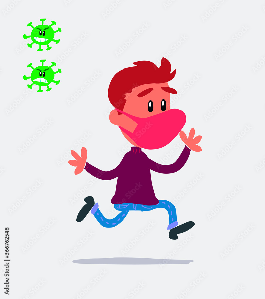  young man dressed casually  with mask and virus COVID running happily
