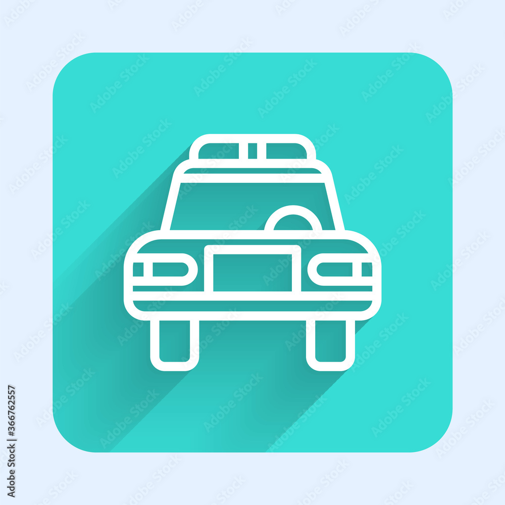 White line Police car and police flasher icon isolated with long shadow. Emergency flashing siren. Green square button. Vector. White line Police car and police flasher icon isolated with long shadow. Emergency flashing siren. Green square button. Vector.