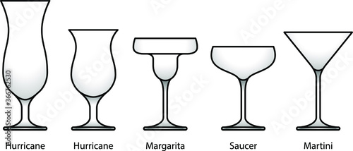 A selection of glasses: cocktail, dessert, hurricane, margarita, saucer, and martini. With labels.