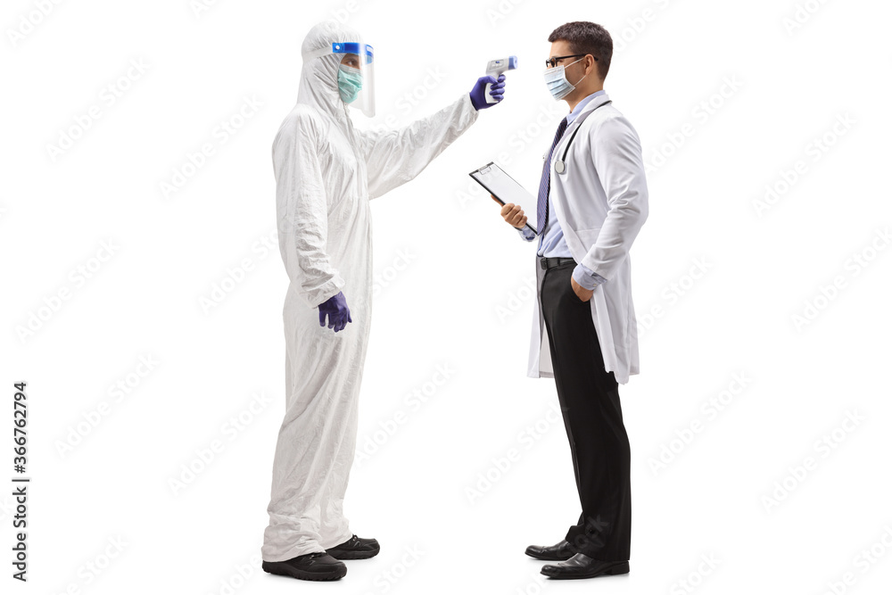 Full length profile shot of a man in a hazmat suit measuring temperature to a doctor Full length profile shot of a man in a hazmat suit measuring temperature to a doctor