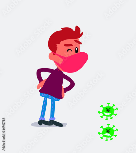  young man dressed casually  with mask and virus COVID suspecting something wrong
